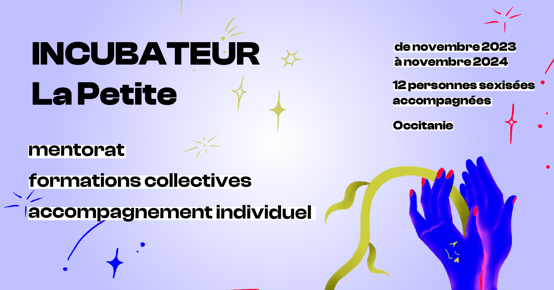 L'Incubateur La Petite aura lieu de novembre 2023 à novembre 2024, il accompagnera 12 personnes sexisées en Occitanie via du mentorat, des formations collectives et un accompagnement individuel.