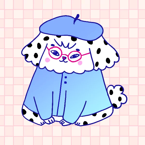 Illustration d'un chien portant un béret bleu, des lunettes roses et une veste bleue